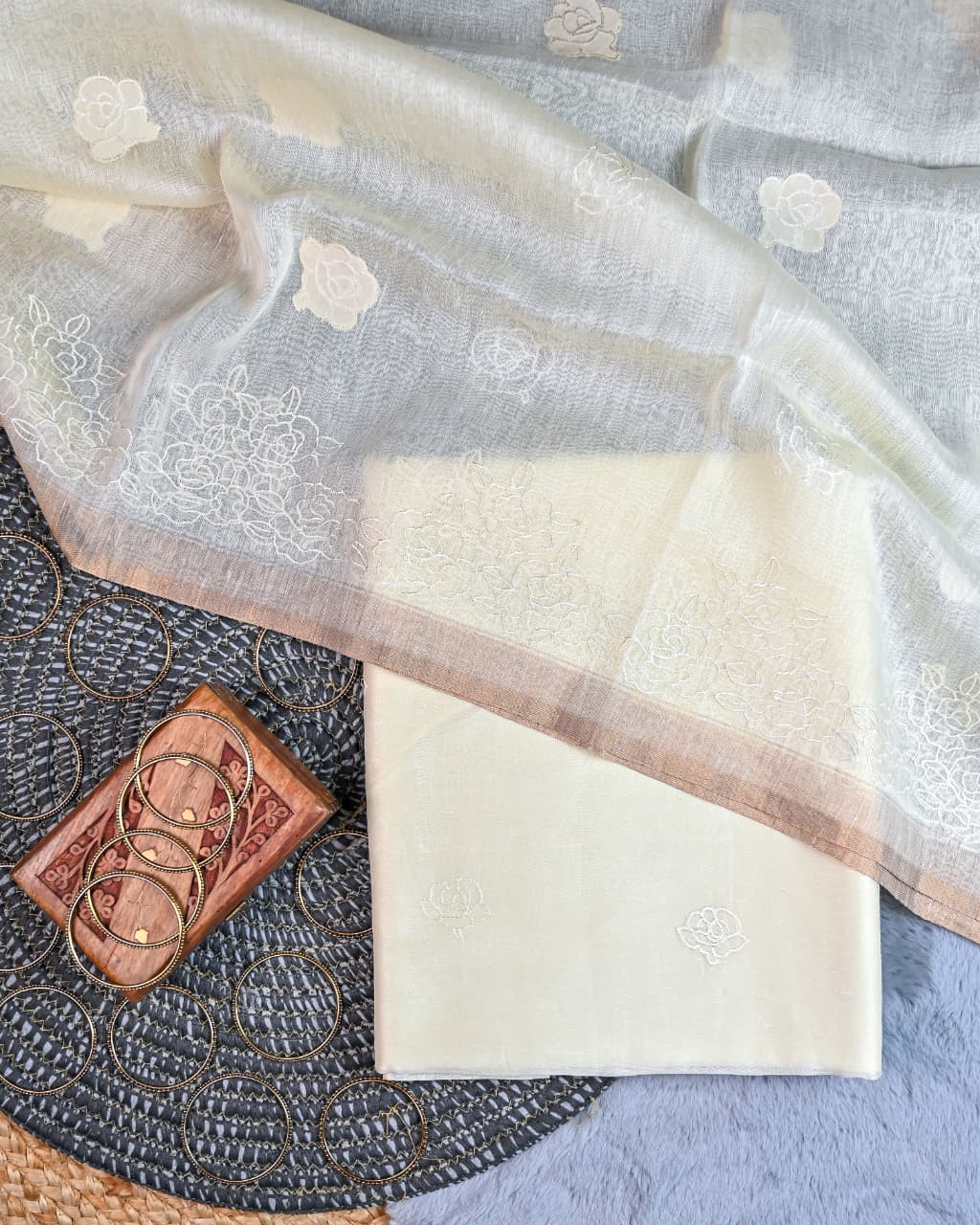 Unstitched suit set - Linen silk dupatta, embroiderd shirt linen silk with chanderi  silk bottom