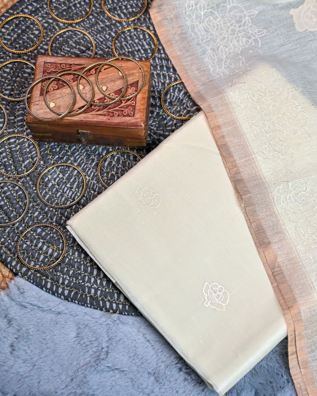 Unstitched suit set - Linen silk dupatta, embroiderd shirt linen silk with chanderi  silk bottom