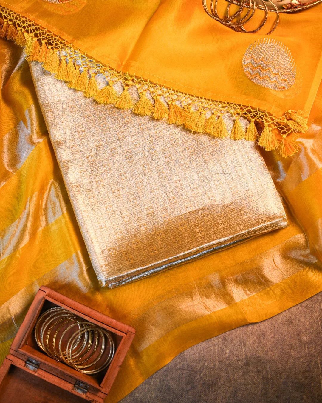 Yellow Tissue Brocade Organza Dupatta Unstitched Suit Set