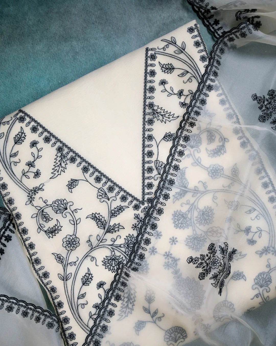 Organza Silk Embroidered Unstitched Suit Set with Dupatta