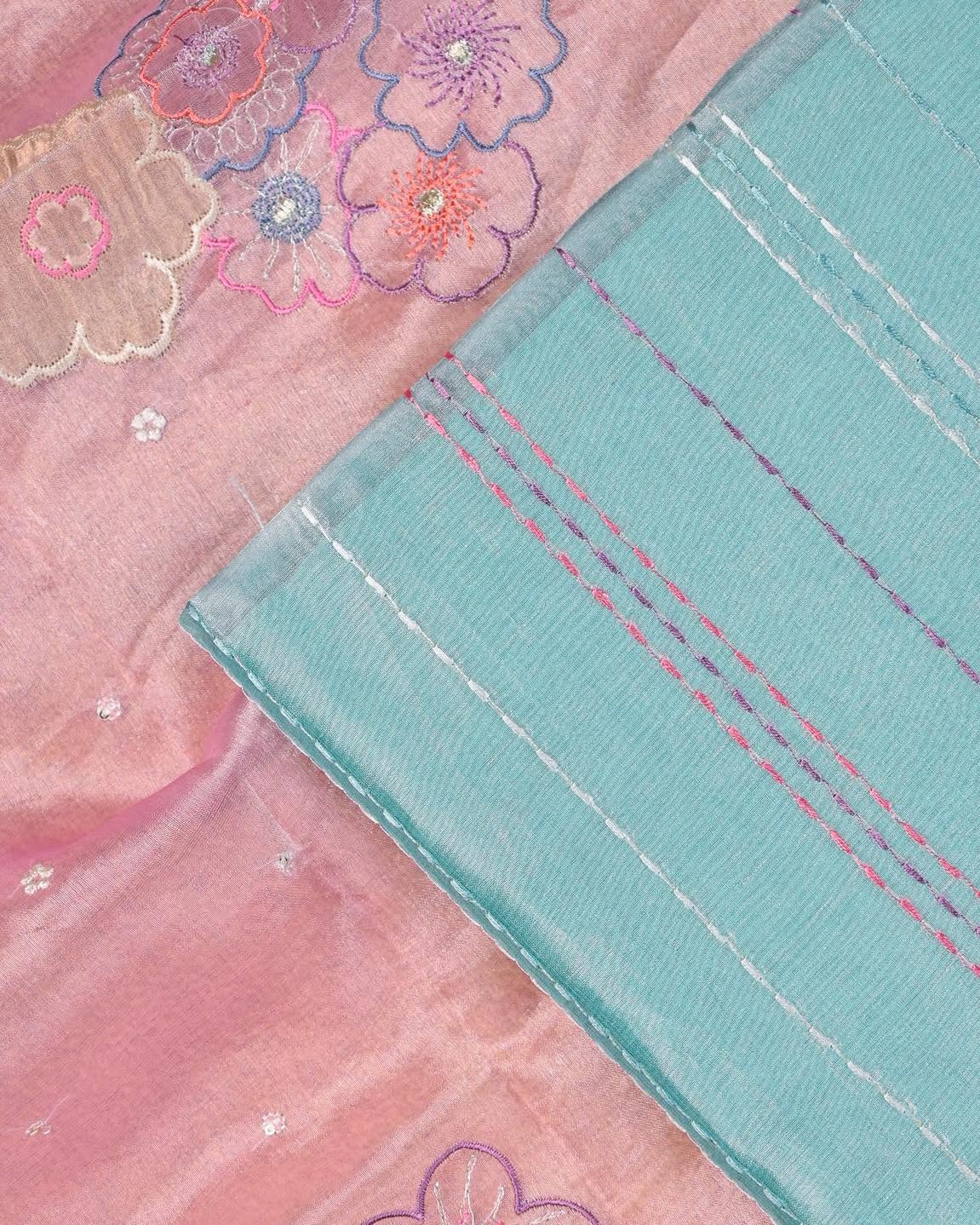 Sky Blue Unstitched Suit Sets with Tissue Silk Dupatta